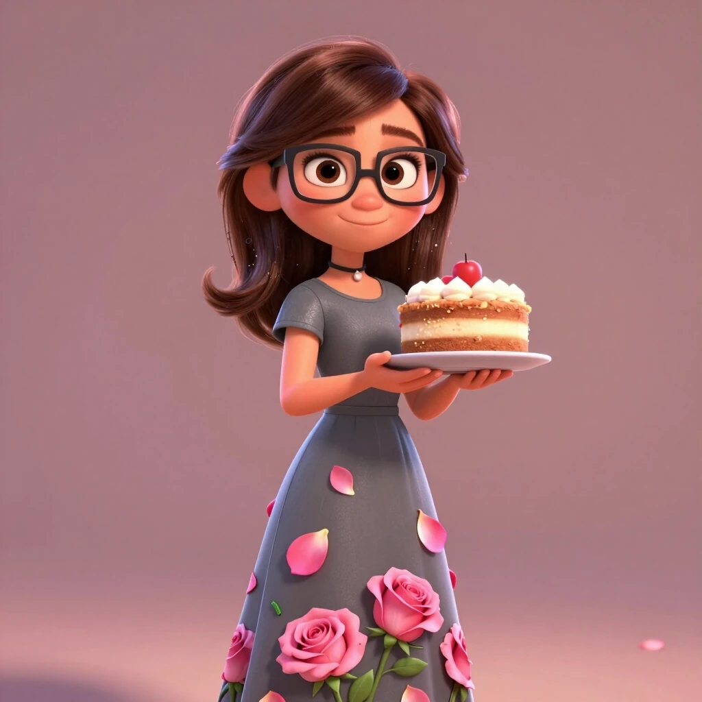красивая pixar девушка с корочневого цвета волосами до плеч, с карие глаза, в очках, одета v long dress серого цвета, на dress printer цветы розы розового цвета с лепестками ,…