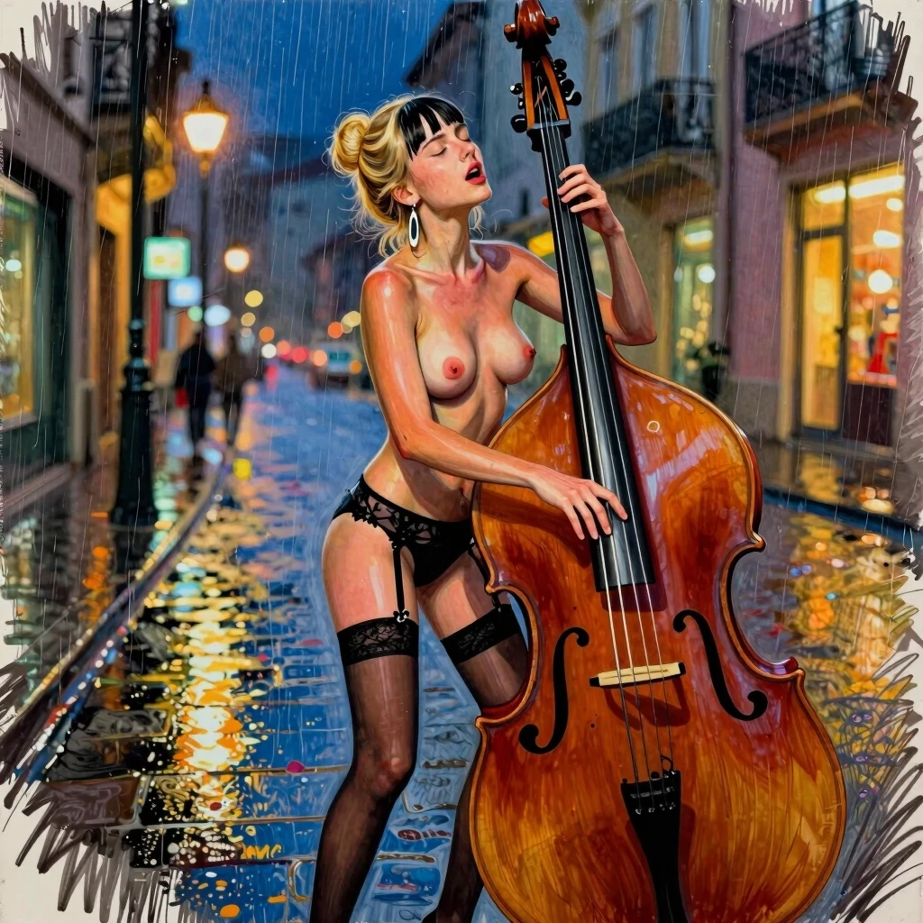 , drawing by Diego Dyer, photograph, drawing by Egon Schiele, 4K, young girl, playing the double bass,in a brightly lit street, negligee, blonde hair tied in a bun, very…
