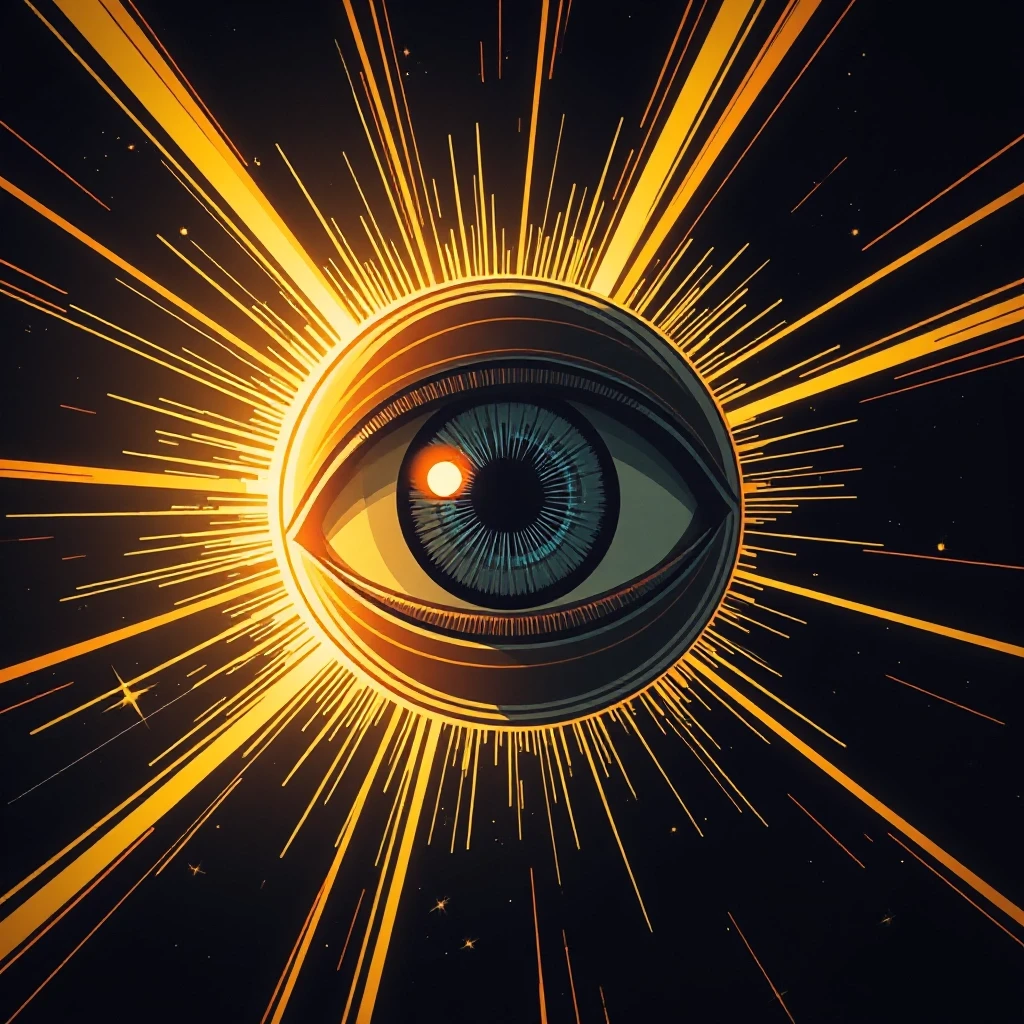 A giant cosmic eye floating in deep dark space, surrounded by glowing golden light rays, comic book style with cinematic dramatic lighting, dark graphic novel aesthetic, bold…