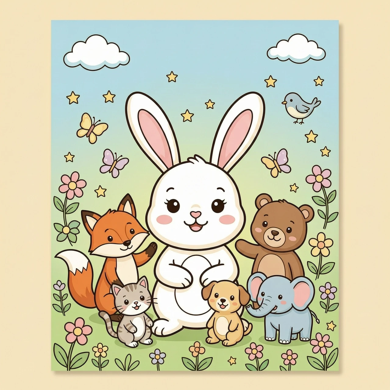 Create a highly appealing children's coloring book cover featuring a cute little rabbit as the main character, surrounded by a small group of adorable friendly animals: a…