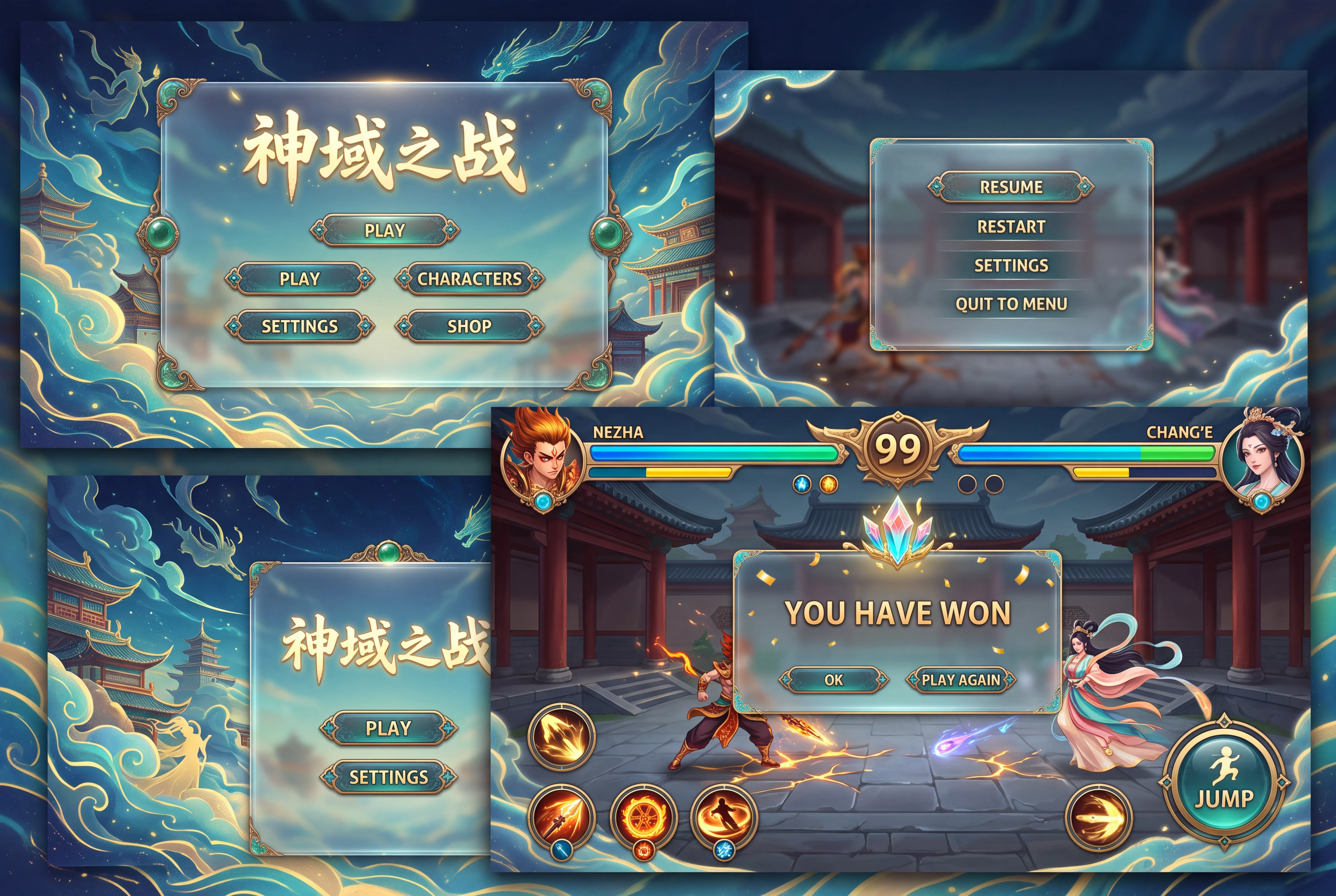 Draw a UI kit for a mobile fighting game in three layers, in the style of modern Chinese gods. To include the first glass menu with a background and a name, a pause menu, a…