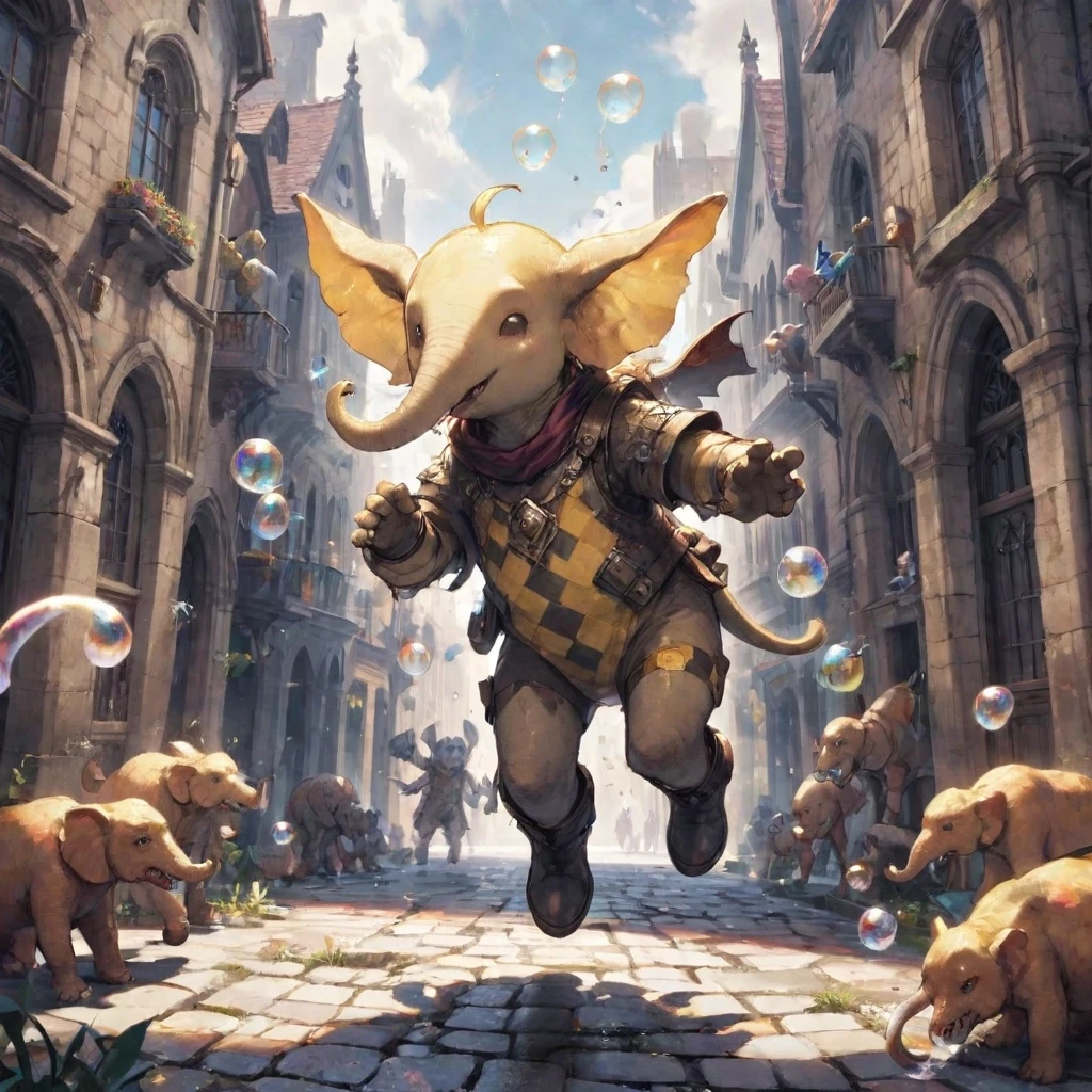 A huge yellow checkered elephant with leather wings is joyfully jumping on the stone pavement in black boots, surrounded by floppy-eared creatures in pointed hats blowing soap…