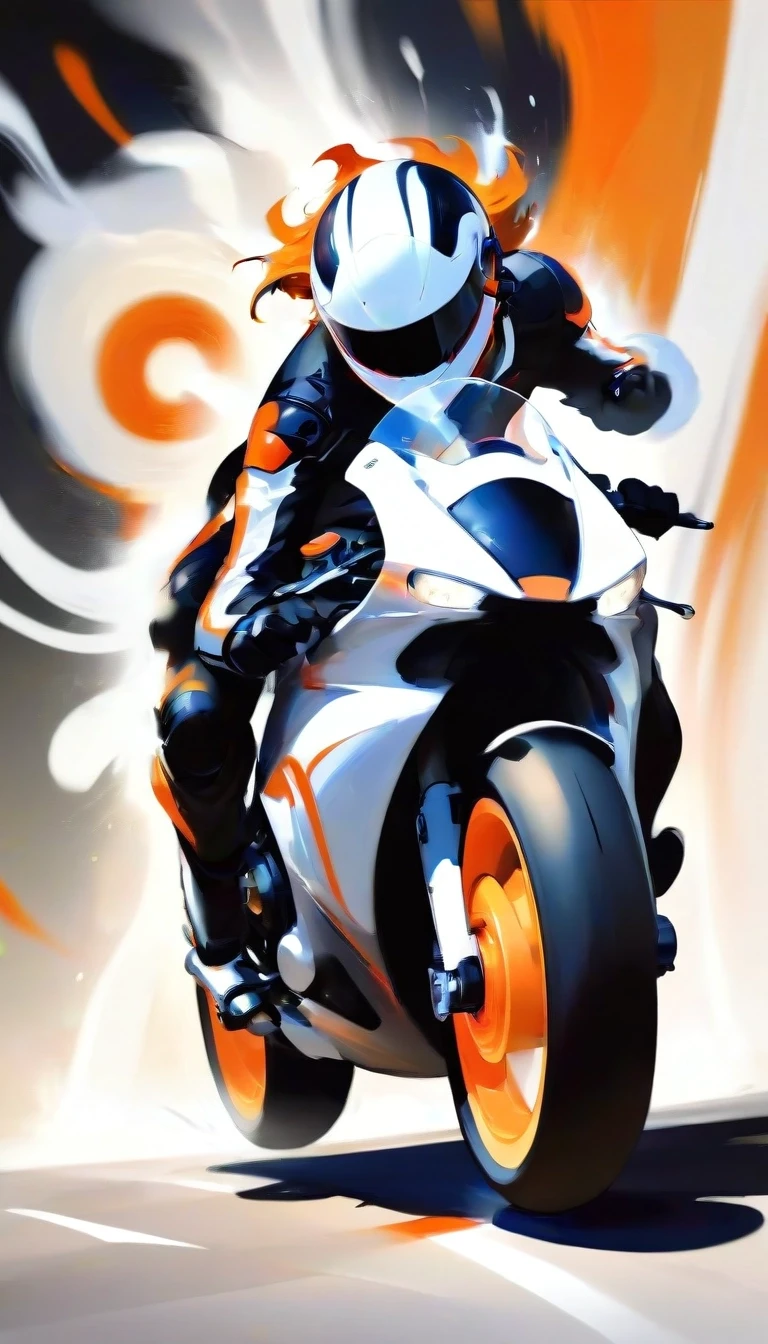 A dynamic, action-packed painting of a motorcyclist leaning into a turn on a sleek, white motorcycle with bright orange wheels. The rider wears a black leather suit and helmet,…