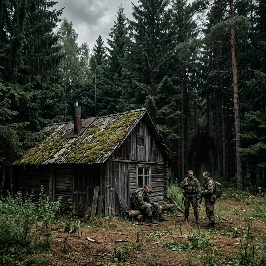 Хвойный лес. На опушке старая избушка на крыше мох. Возле неё трое военных. Далеко в лесу за деревьями тёмная размытая тень существа с красными глазами. Время года лето. —…
