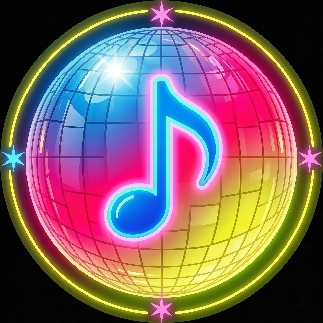 A striking minimalistic circular logo icon for a kid's disco music channel. A large, bold, glowing neon musical note symbol integrated inside a shiny, clean 3D disco sphere.…
