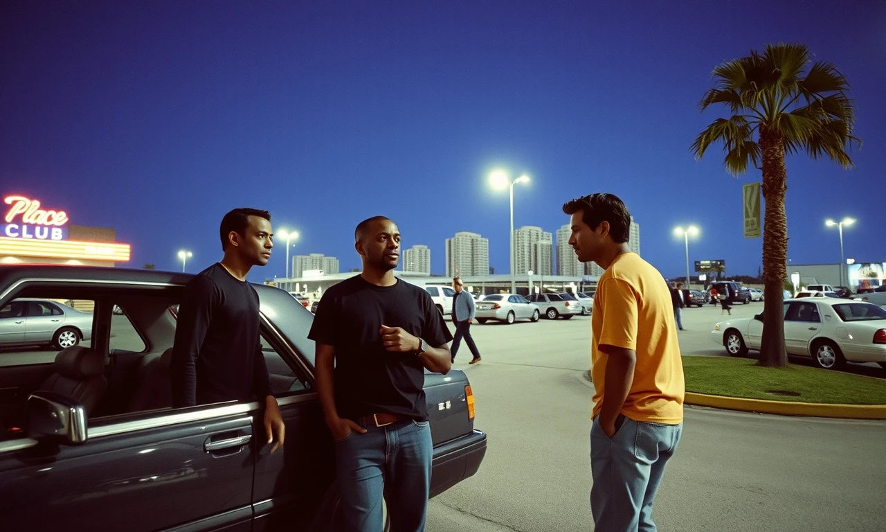 Miami. Late 1980's. In the parking lot of The Place club, two men are standing by the car and talking. A black guy in a T-shirt walks past them. One of the interlocutors…
