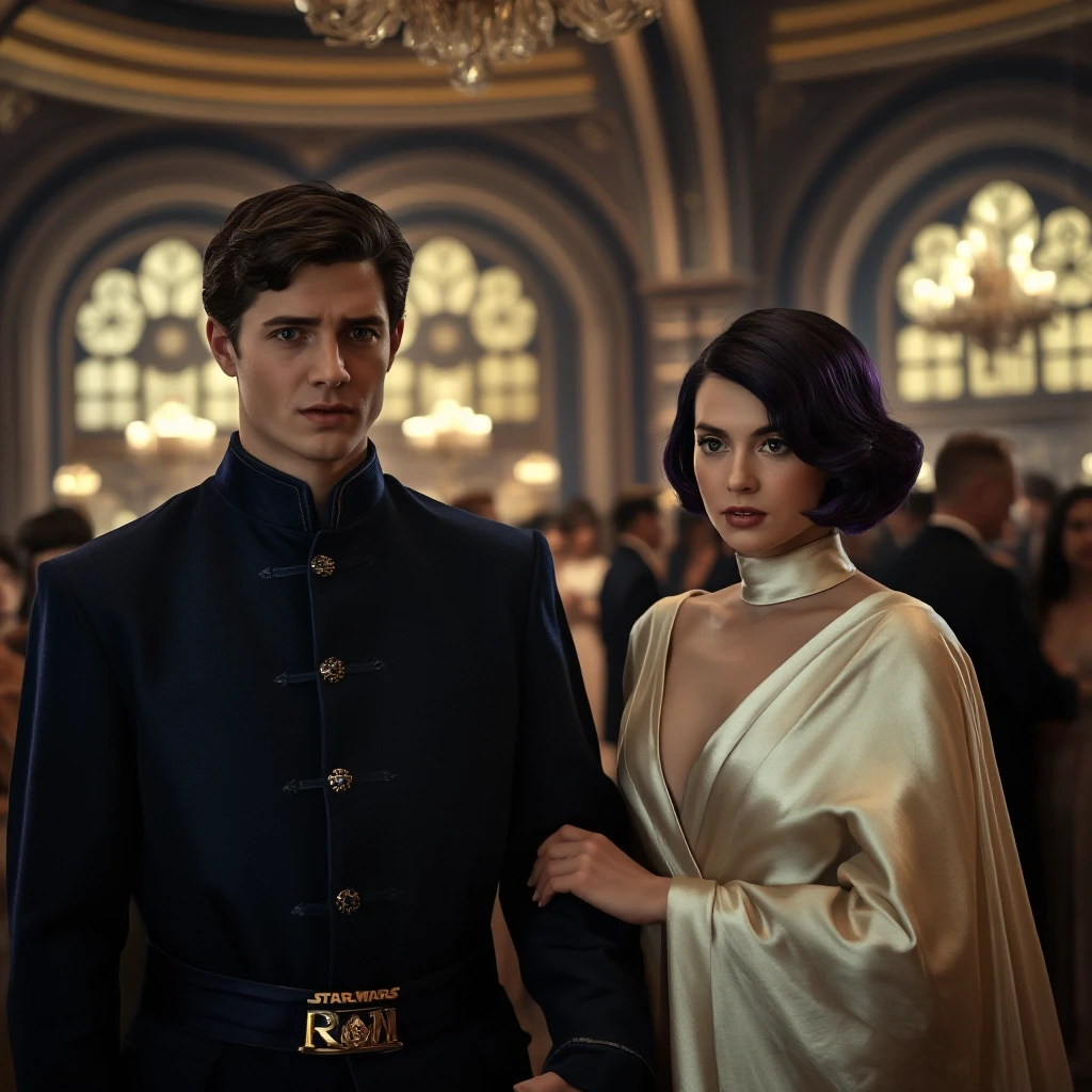 Cinematic film still, live-action movie shot. A handsome young 18-year-old green-eyed male and a beautiful young woman with short stylish purple hair, undercover as an…