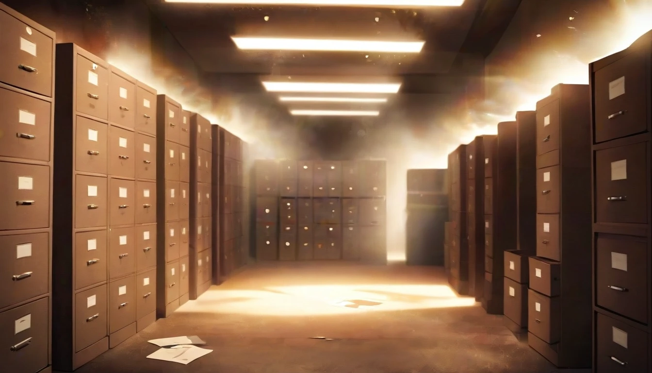 Archive room with stacks of thick classified files and folders, dim lighting, dust particles in light beam, sepia — работа пользователя Необыкновенный Фенрир