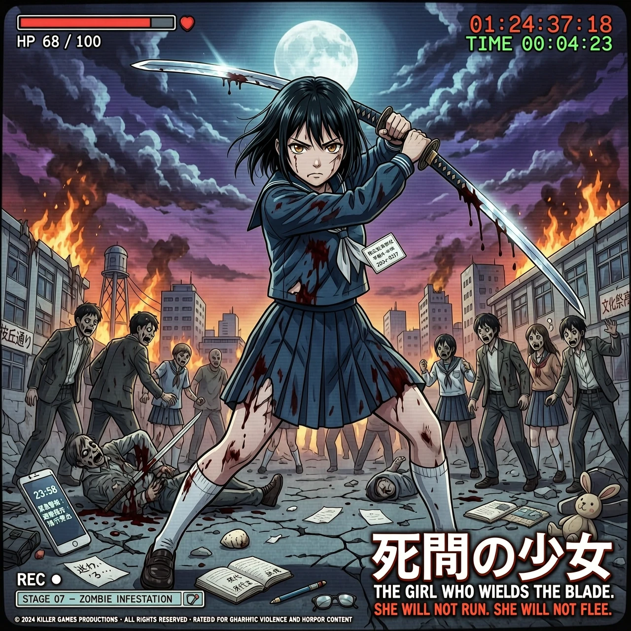 19 yo,school uniform girl ,hand katana, preparation for battle zombies,vhs retro game, fighting vs zombies, Japanese horror action,poster movie — работа пользователя Изысканный…