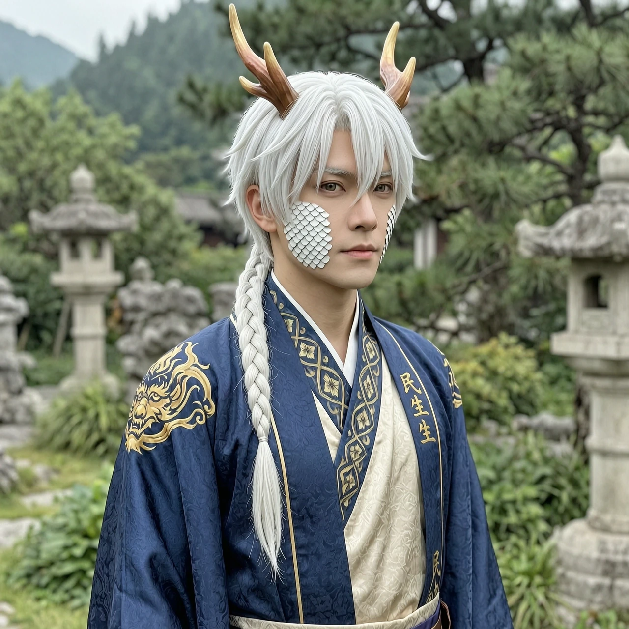 The man has horns on his head like a Chinese dragon, white hair, and a pair of white scales on his cheeks; his hair is short and white, with one braid at the back; he is dressed…