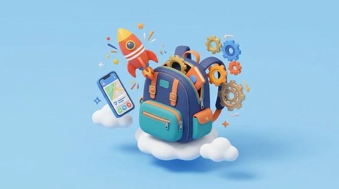 3D isometric illustration, school backpack with smartphone and rocket, cloud, gears, soft shadows, clean background, 16:9 — работа пользователя Магнитный Полет