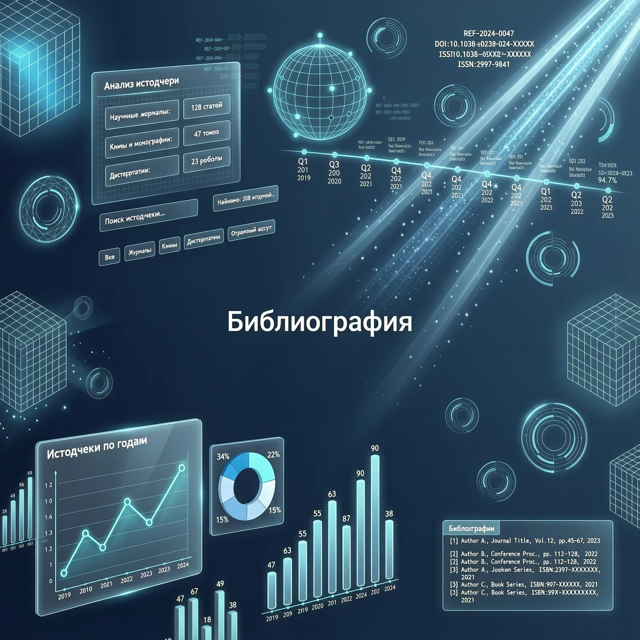 Футуристический цифровой фон для слайда презентации под названием «Библиография», ультрасовременная эстетика в стиле хай-тек, парящие полупрозрачные голографические элементы…