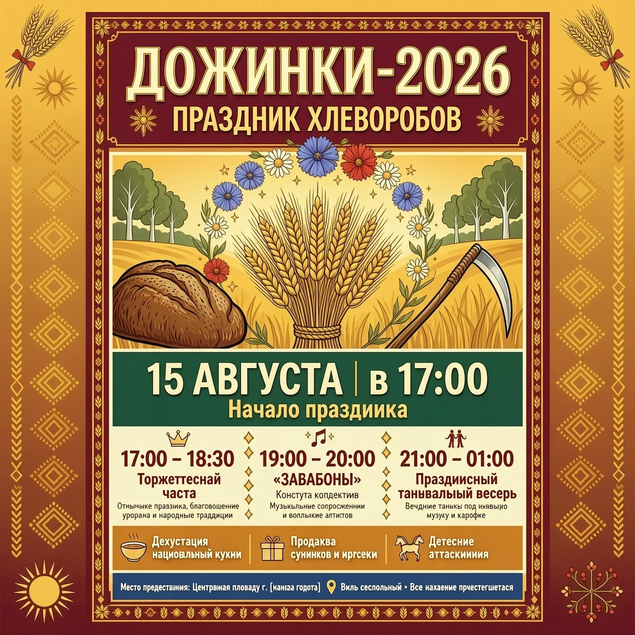 Сгенерируй афишу к празднику дожинки-2026, праздник хлеборобов В афишу вставить время 15 августа в 17.00 17.00-18.30 Торжественная часть (придумать название) 19.00 -20.00…