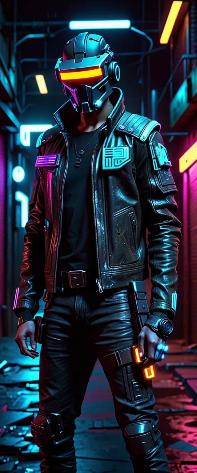 A cinematic shot of a futuristic bounty hunter, cyberpunk style, neon lighting, holding a high-tech tracking device, wearing a weathered leather jacket and a glowing visor, dark…