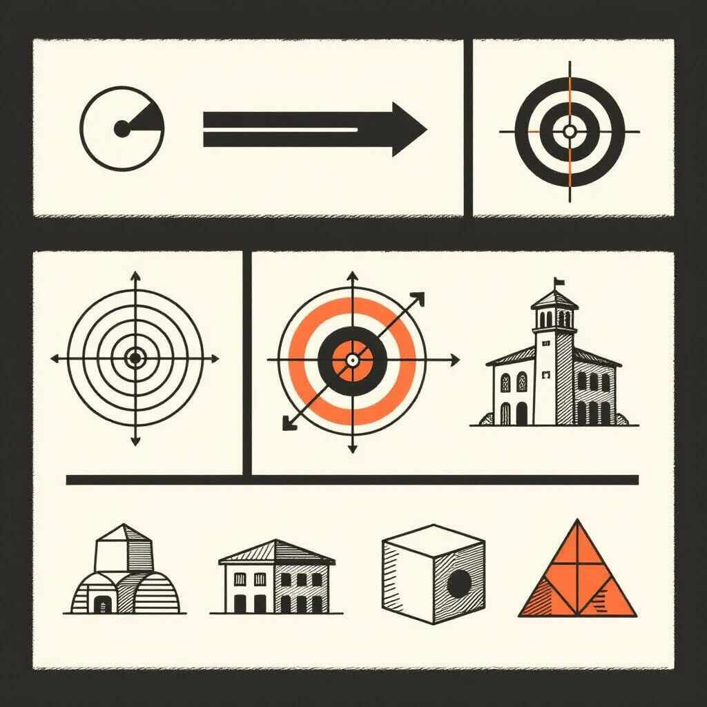 Create a vertical architectural poster layout (3:4 ratio) with 6 organized blocks. This is a graphic design layout with NO TEXT — just visual elements, diagrams, and…