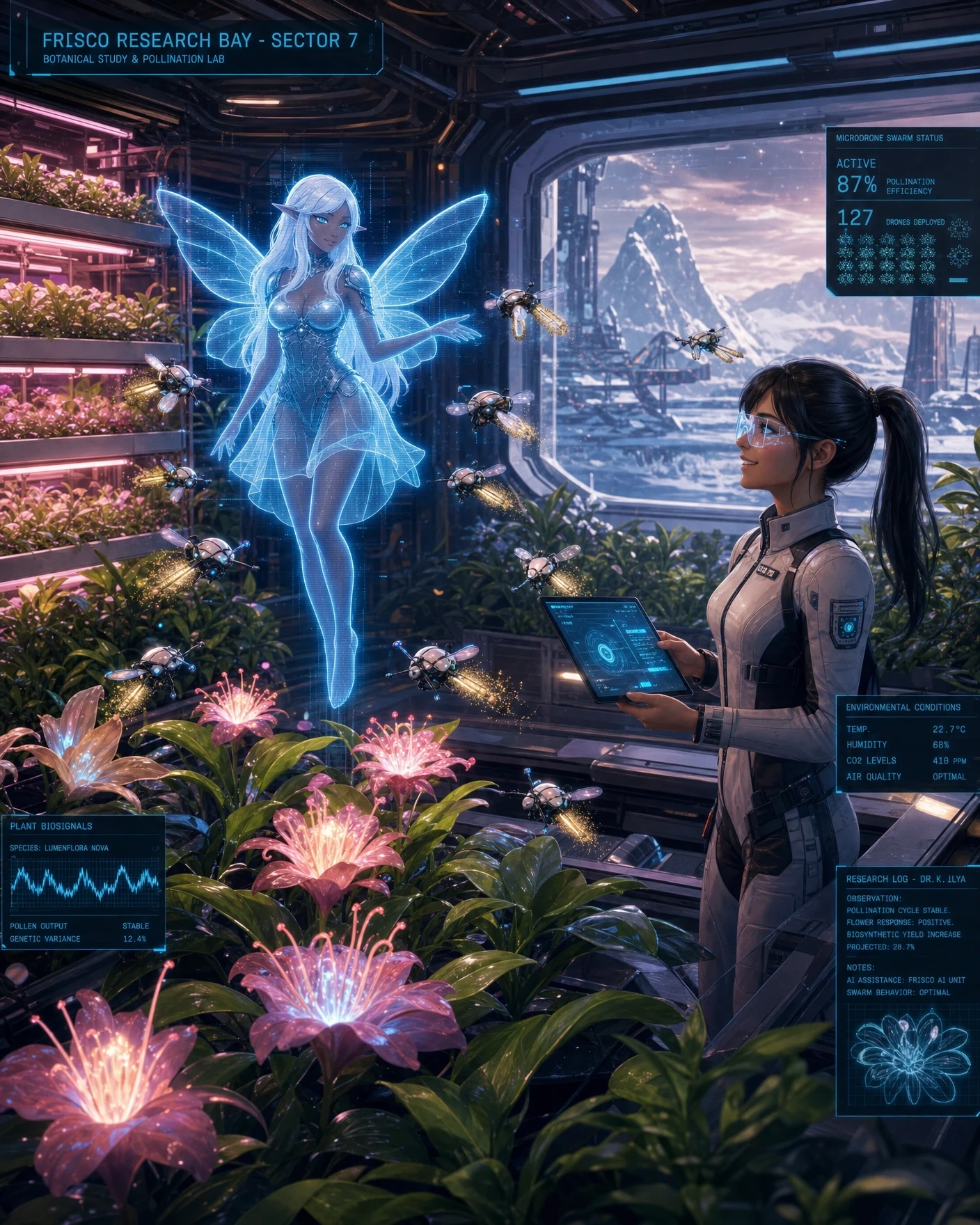 A detailed sci-fi concept art of a futuristic botanical greenhouse inside the Frisco Research Bay. Inside is a lush oasis with vertical hydroponic farms, glowing alien flowers,…