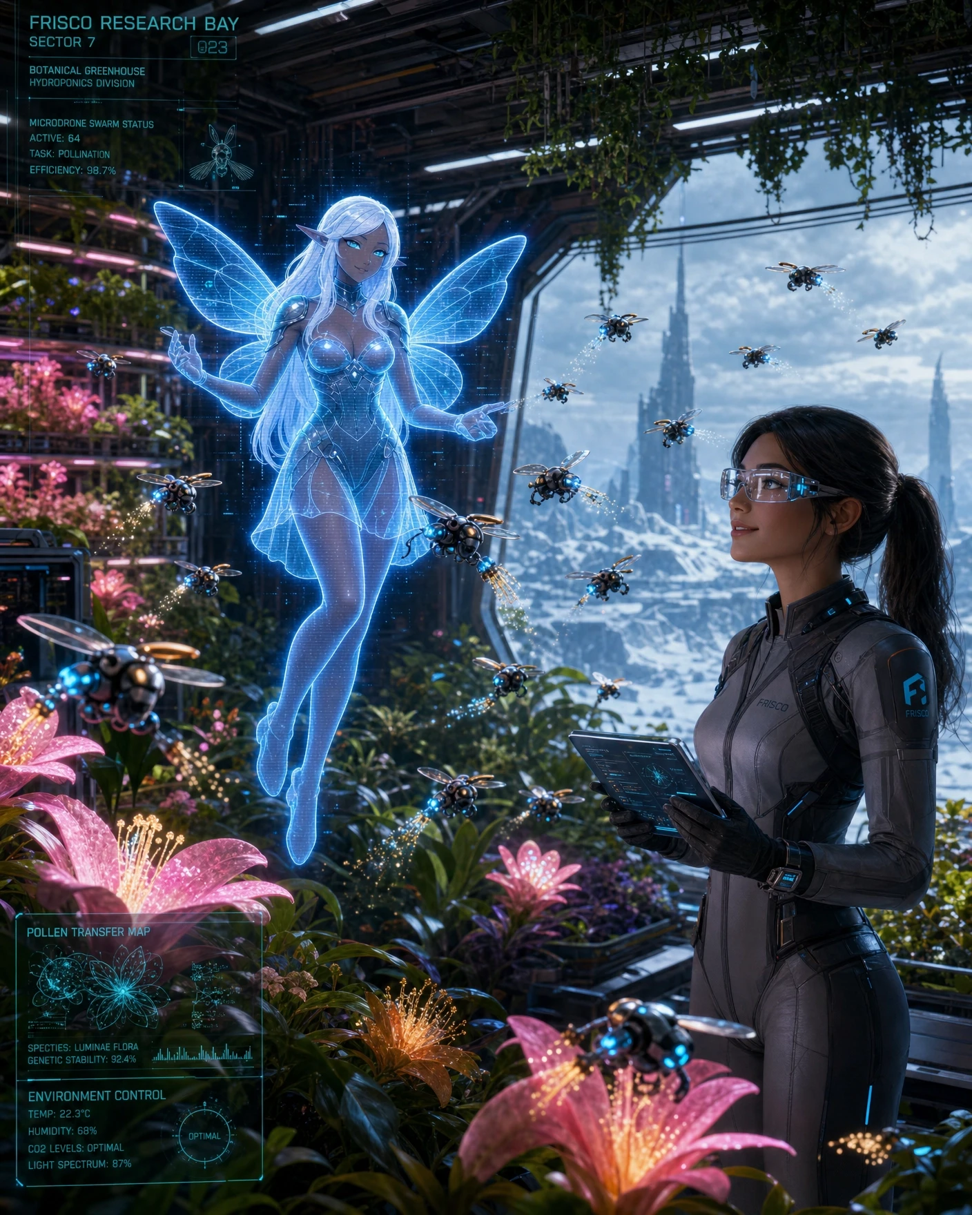 A detailed sci-fi concept art of a futuristic botanical greenhouse inside the Frisco Research Bay. Inside is a lush oasis with vertical hydroponic farms, glowing alien flowers,…