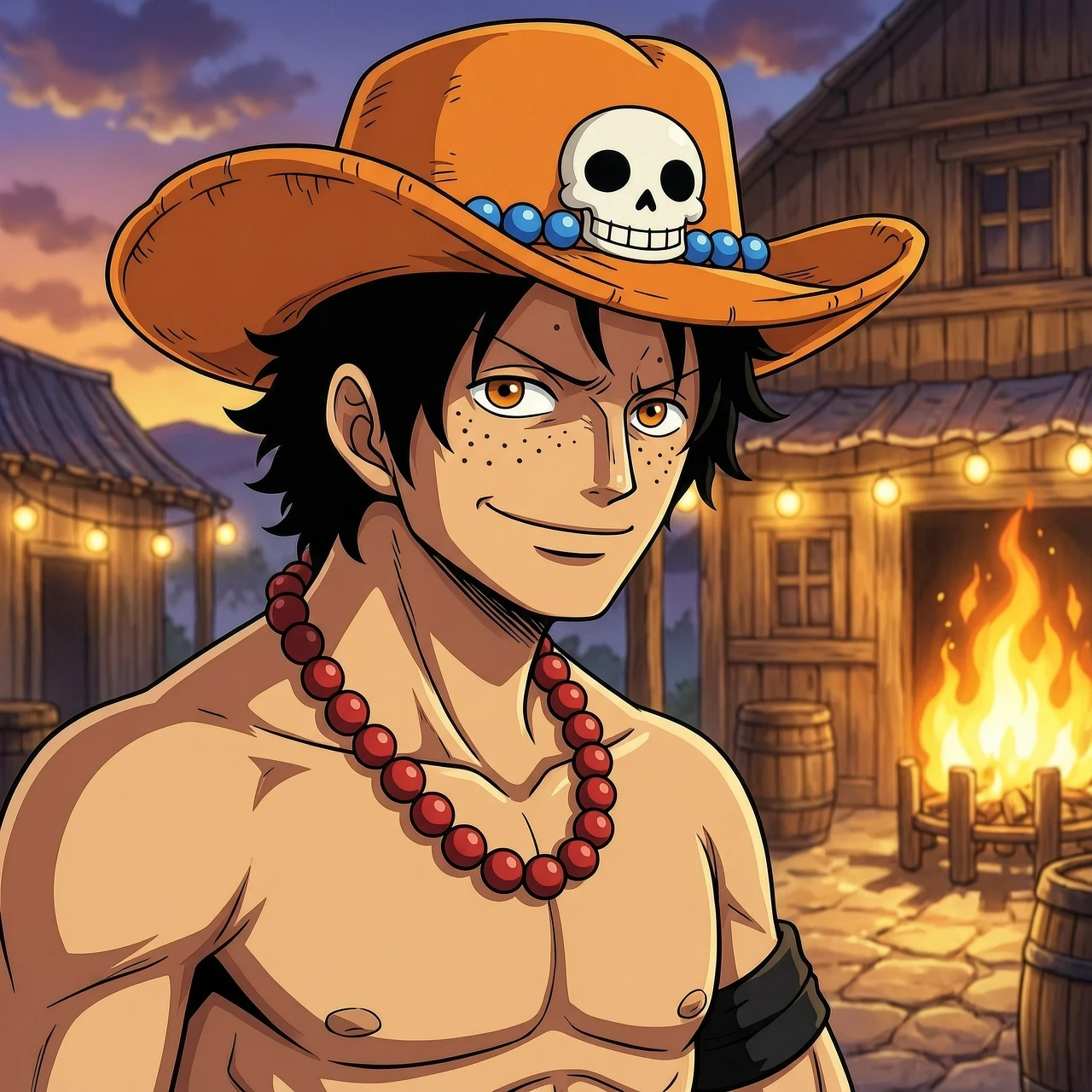 Portrait of Portgas D. Ace from One Piece, anime style, high quality, detailed digital art. Young man with messy wavy black hair, freckles across his cheeks and nose, confident…