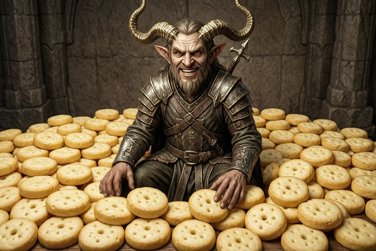 Sheogorath in his familiar appearance from The Elder Scrolls, surrounded by a huge number of cheese circles. Rejoices and grins at the same time. Соотношение сторон: 16:9 —…
