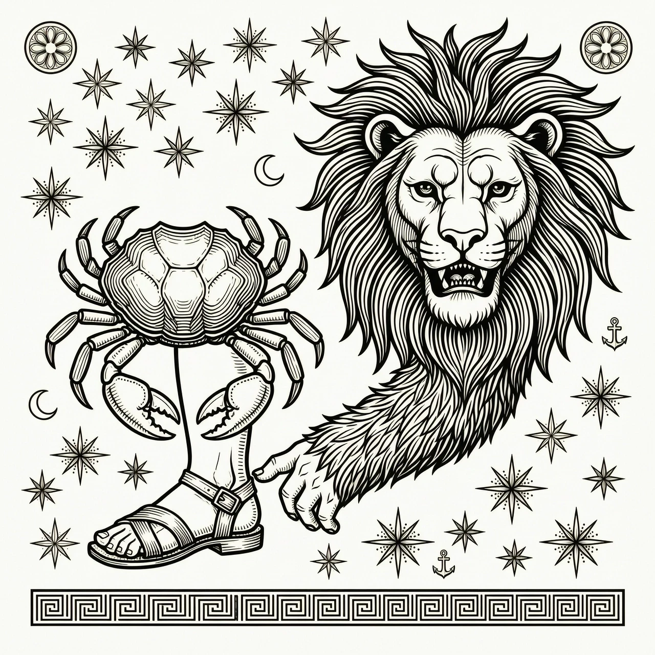 Single scene matching tattoo design, ancient Greek mythology, Hercules myth: a small crab (Cancer) pinching the heel of Hercules, and a large Nemean lion (Leo) head with a…