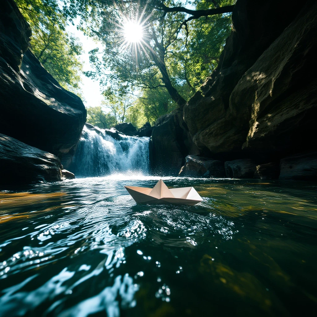 Low angle wide shot from the water level, a paper boat navigating through "giant" rocks and small waterfalls in a stream. Epic adventure feel, dramatic perspective,…
