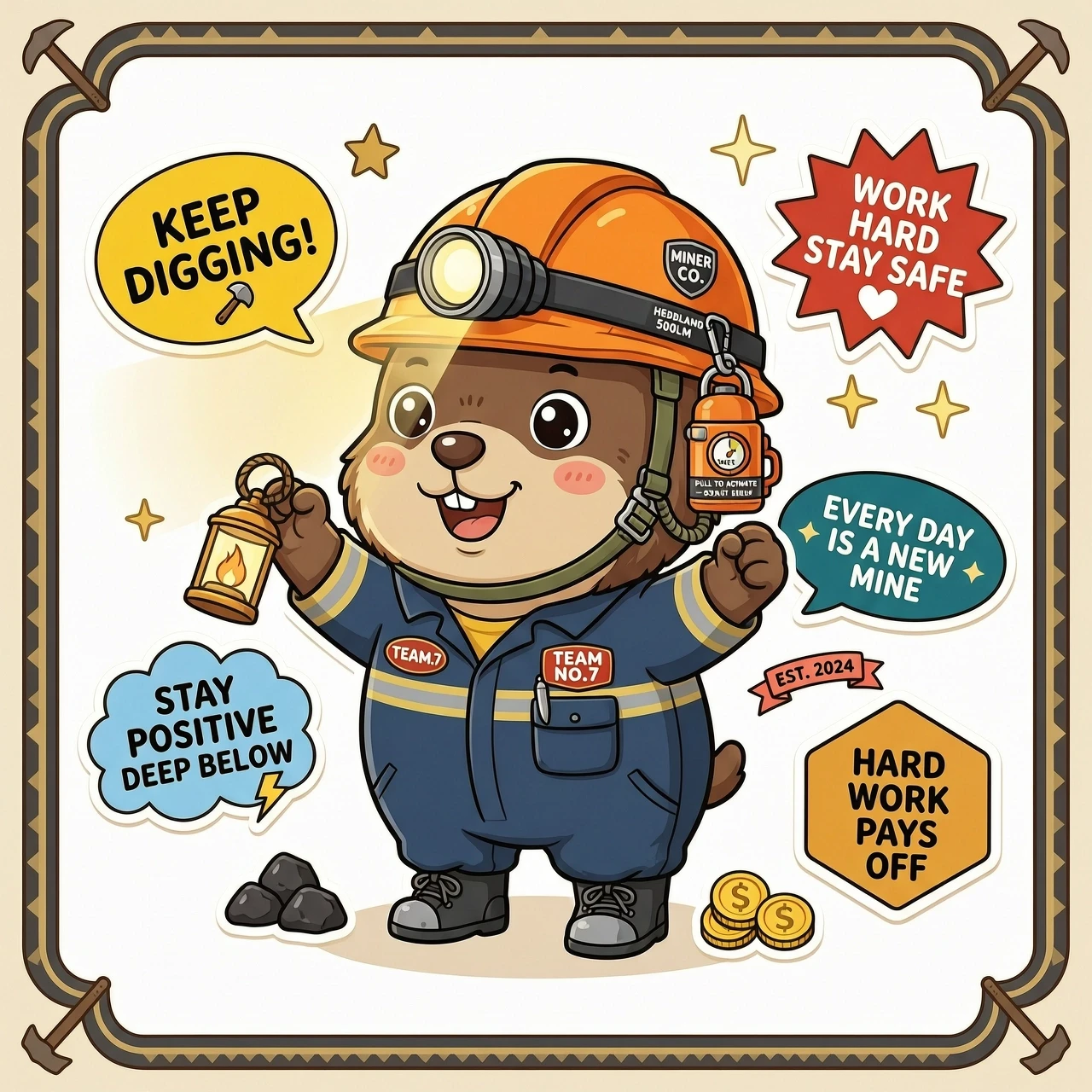A cheerful mole miner wearing a hard hat with a headlamp and a self-rescuer; motivational slogans accompany each sticker. — работа пользователя Солнечный Компрессор