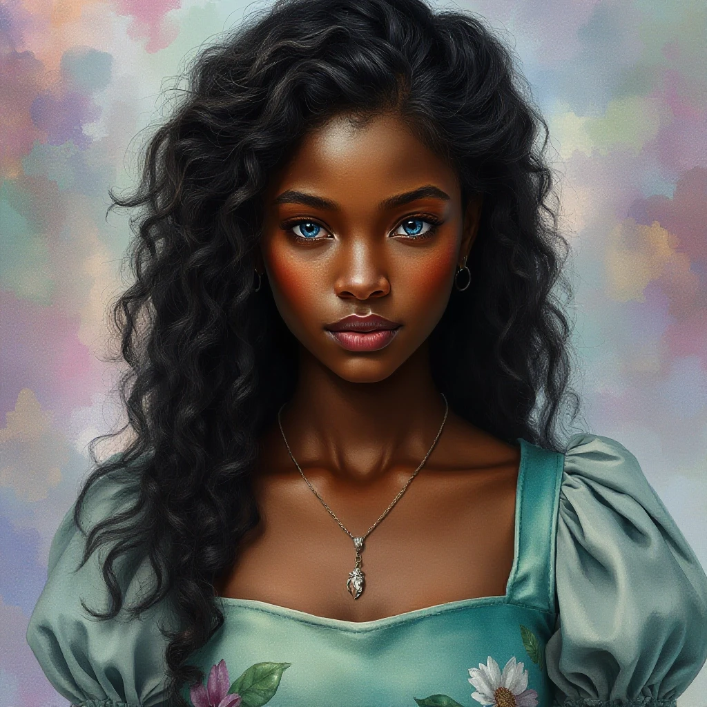 Photorealistic portrait. A young mulatto woman with luxurious, long, curly dark brown hair and delicate, realistic, dark skin. Blue eyes. A thin chain with a pendant around the…