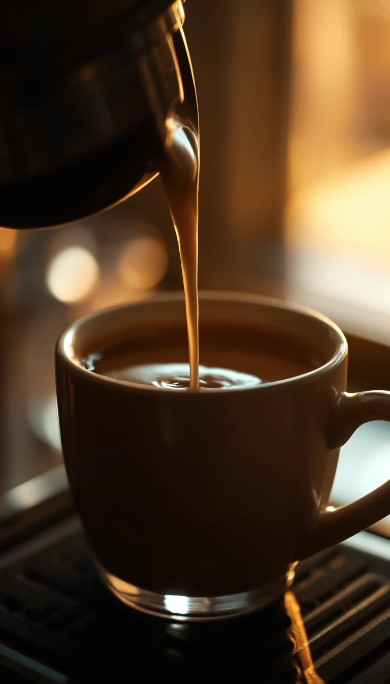 Cinematic premium coffee commercial, warm sophisticated atmosphere, realistic photography, shallow depth of field, beautiful natural morning light, subtle film grain, elegant…