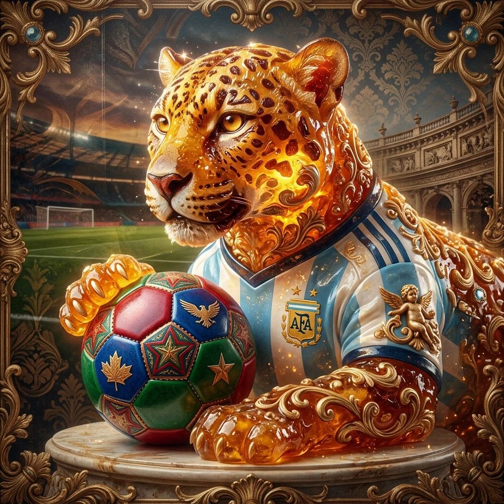 (The Mascot): jelly-marmalade cake in the shape of a jaguar, soccer ball, game, mascot. (Appearance): He is wearing a football uniform in the colors of the national flag of…