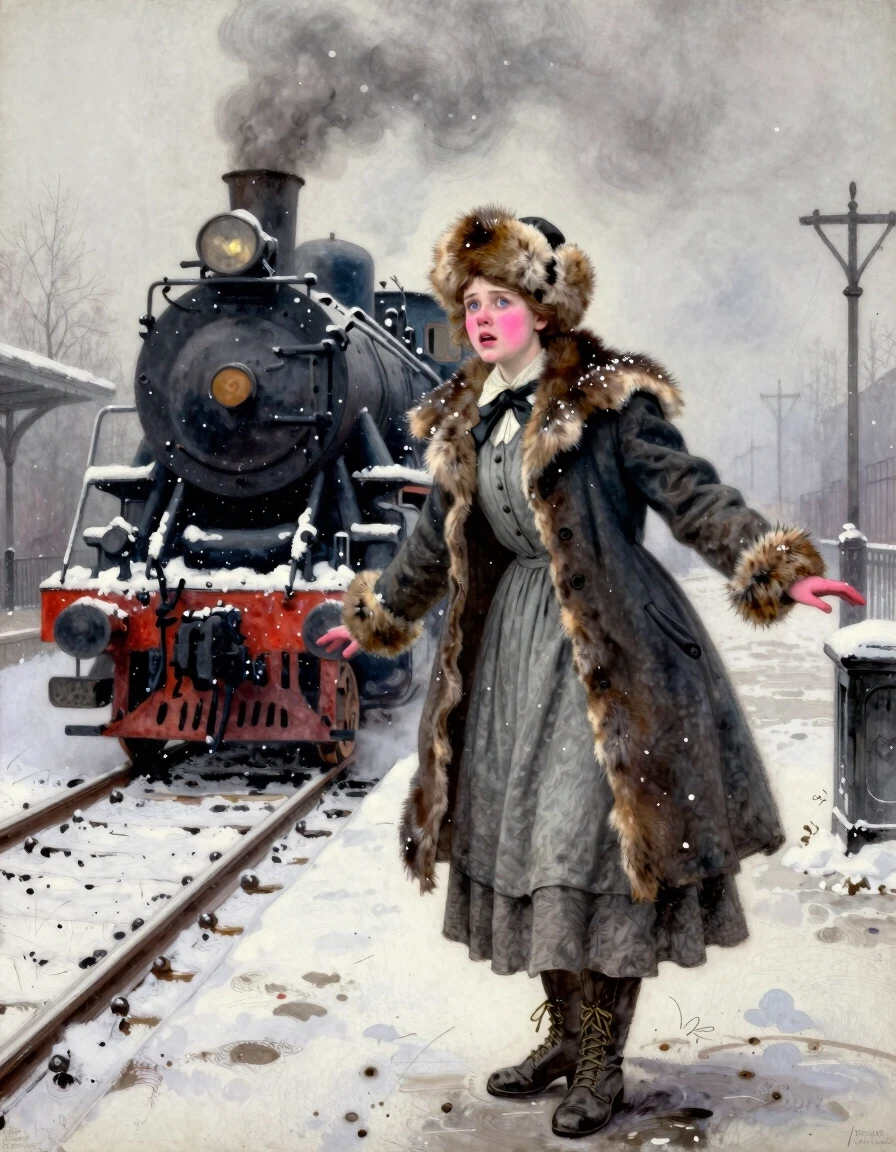 Russia, 1916, the station, the station platform, there is a steam locomotive shrouded in steam at the platform, it's winter outside, it's a fine snowfall. A 20-year-old…