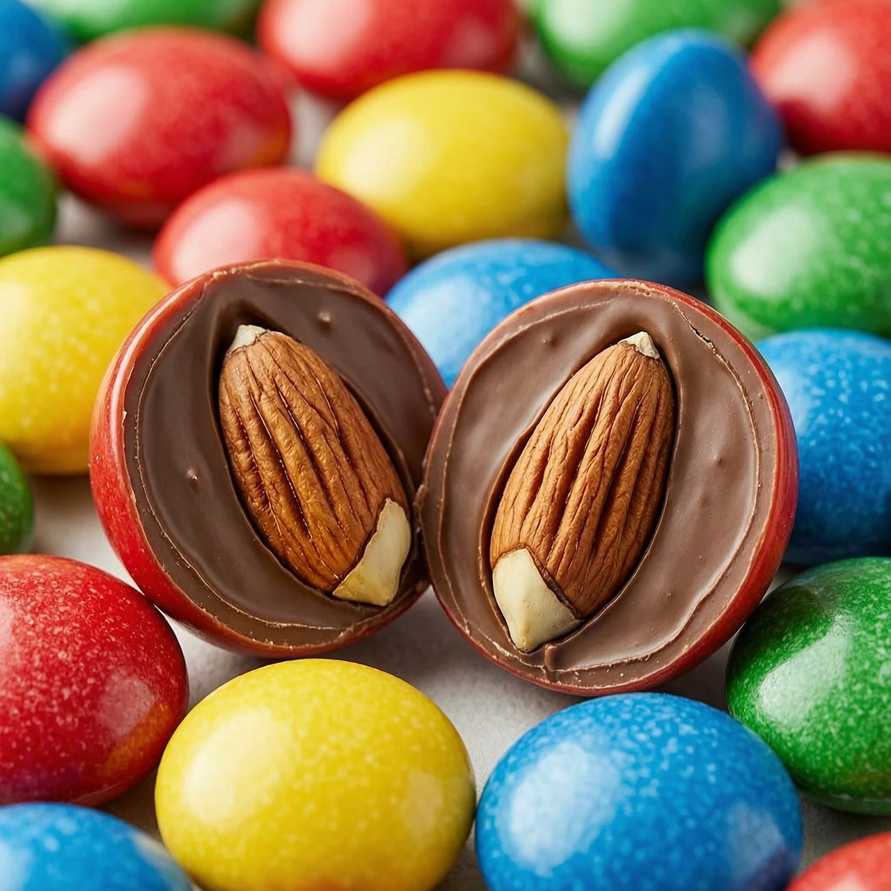 Макрофотография аппетитного драже M&amp;M's, разрезанного ровно пополам. Внутри цветной хрустящей глазури и слоя нежного молочного шоколада находится цельный, идеально…