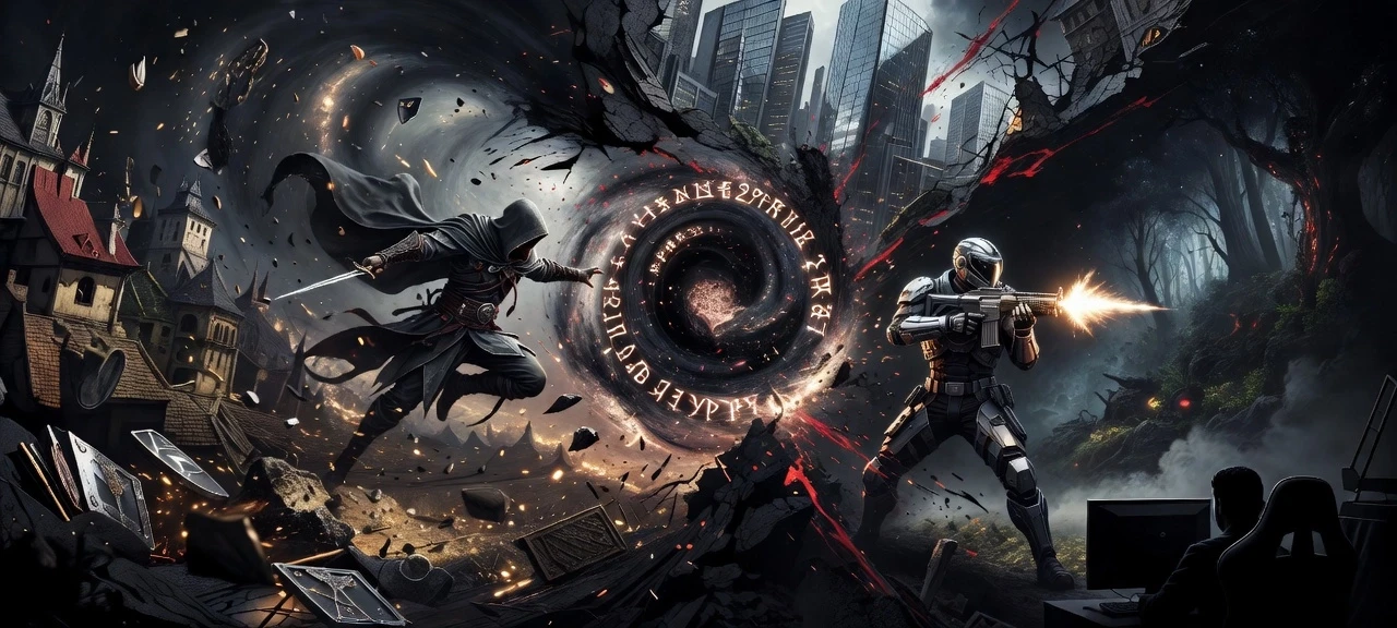 Cinematic concept art, wide format 16:9, masterpiece, 8K resolution. A cosmic rupture in reality tears through the center of the frame, acting as a gateway to three colliding…