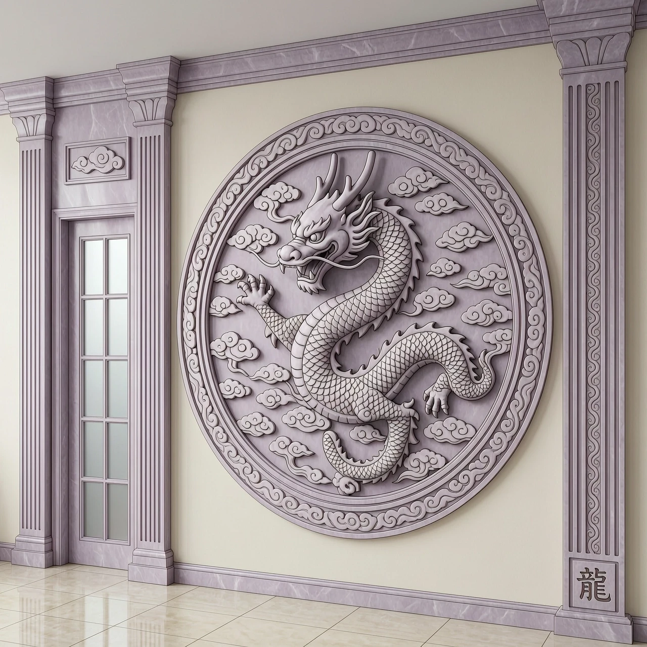 Architectural bas-relief for a 3500x2600 mm wall in a bright hallway. Depth 25-35%, near-flat, graphic. Style: ancient Chinese ornamental engraving. Center: flat ornamental…