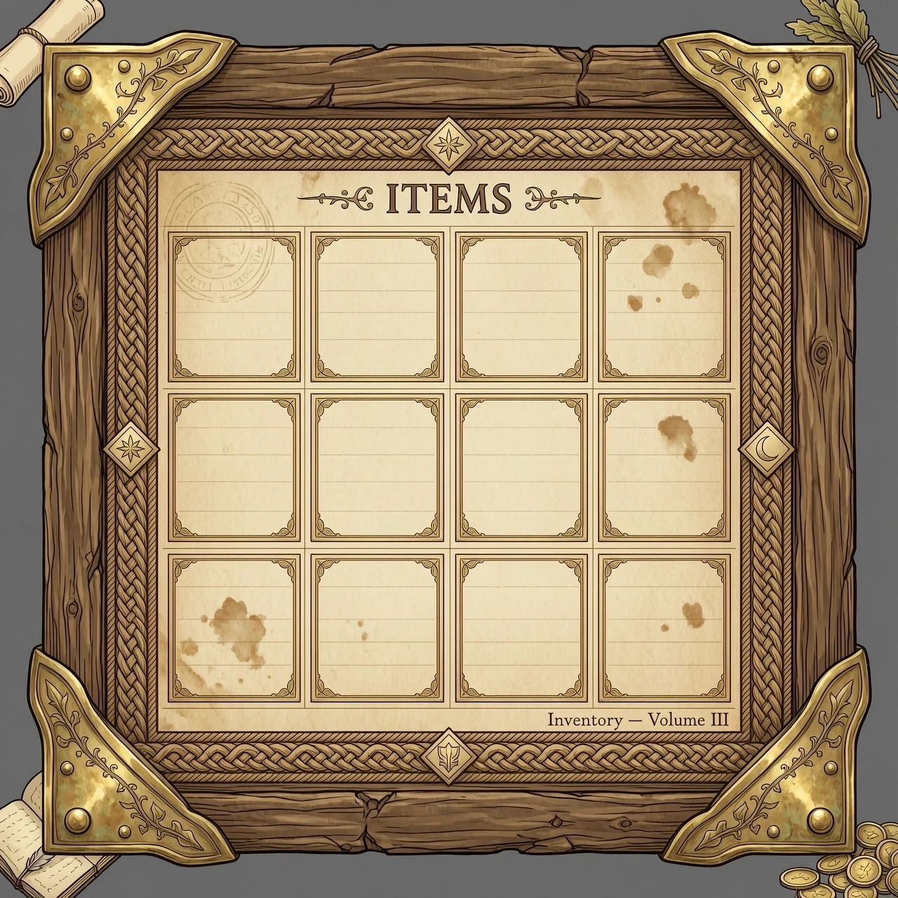 classic tabletop RPG aesthetic, aged parchment and carved wood, woodcut engraving linework, sepia and antique gold palette. A rectangular inventory panel frame, weathered oak…