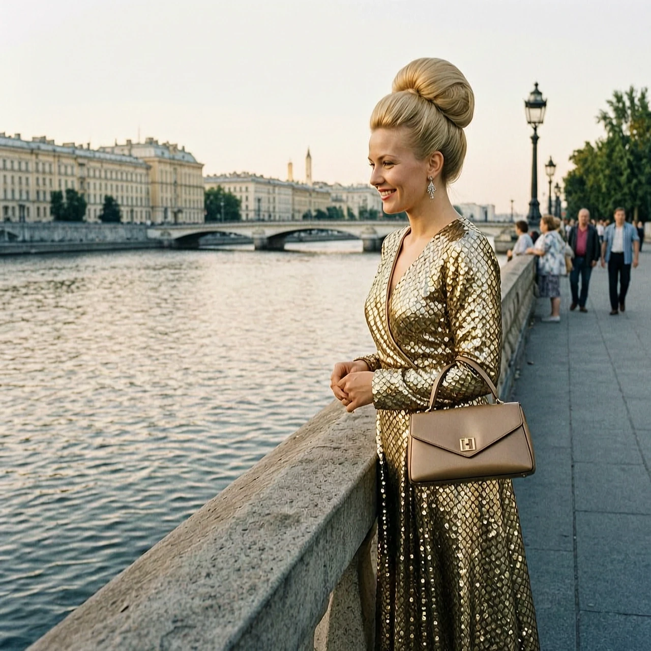 Восьмидесятые. москва. молодая женщина у реки в дорогом платье стоит у парапета и смотрит на воду. она блондинка с высокой причёской и с сумочкой в руках. она улыбается. —…