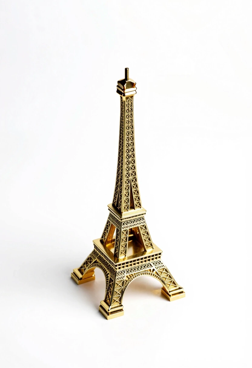 Professional award-winning photo on a pristine white background. A masterpiece, stunningly beautiful. Isometric view. A golden statuette shaped like the Eiffel Tower. — работа…