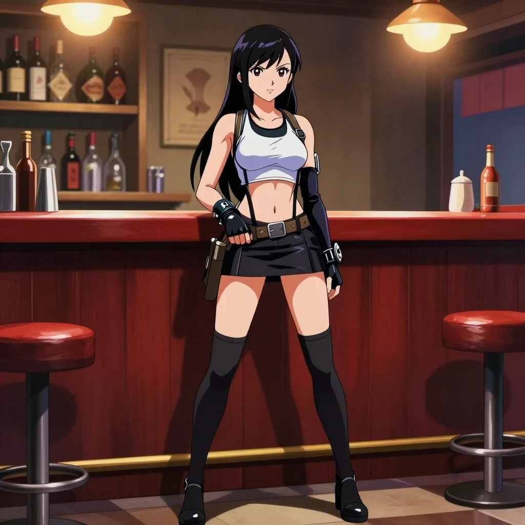 Anime art, Tifa Lockhart girl, standing behind the bar counter, in the role of bartender, three-quarter view, full height view — работа пользователя Солнечный Лазурь