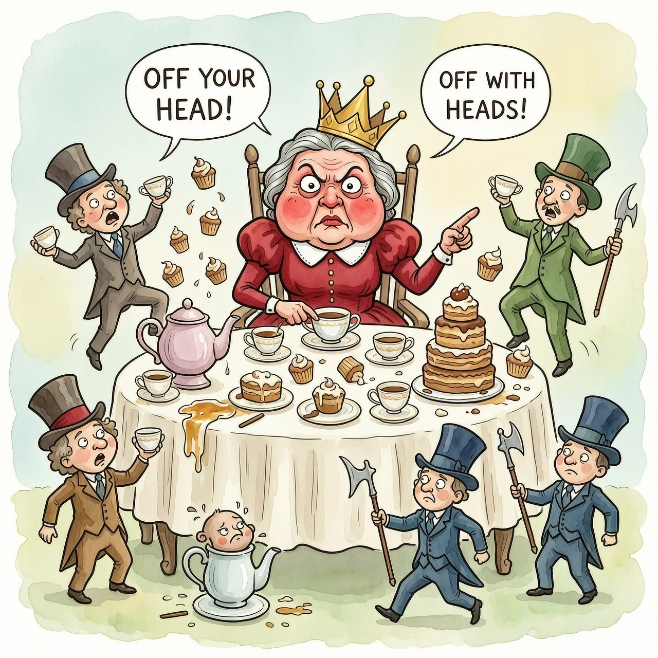 (masterpiece:1.8, acrylic painting:1.5, best quality:1.6, ultra-detailed:1.6). A bizarre and funny image (of the Queen of Hearts), who, sitting at a crazy tea table, angrily…
