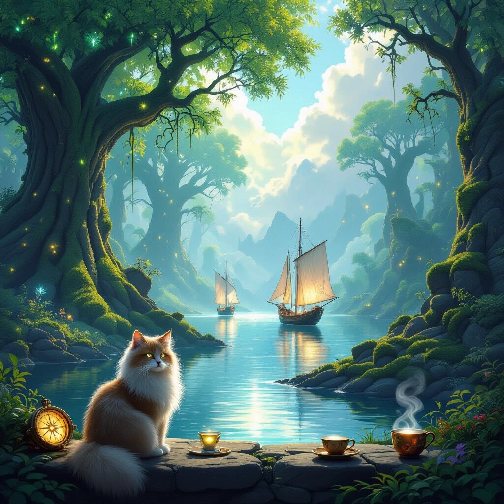 Epic fantasy digital painting, a magical glowing forest with towering ancient trees with bioluminescent leaves, lush green moss, and floating glowing spores. In the distance, a…
