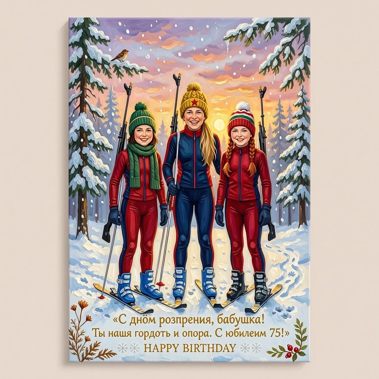 Beautiful oil painting style greeting card for grandmother's 75th birthday. Three young girls in biathlon racing suits, standing on skis in a snowy winter forest, each…