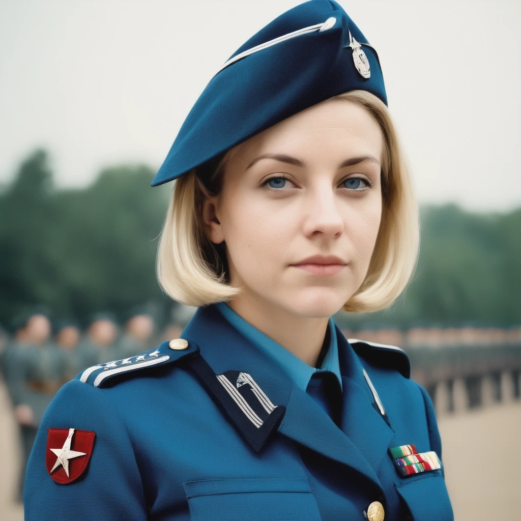 Женщина 30 лет, блондинка, стрижка карэ. Одета в голубую военную форму. Без головного убора, без медалей, без погон и без знаков отличия. Взгляд направлен в камеру. — работа…