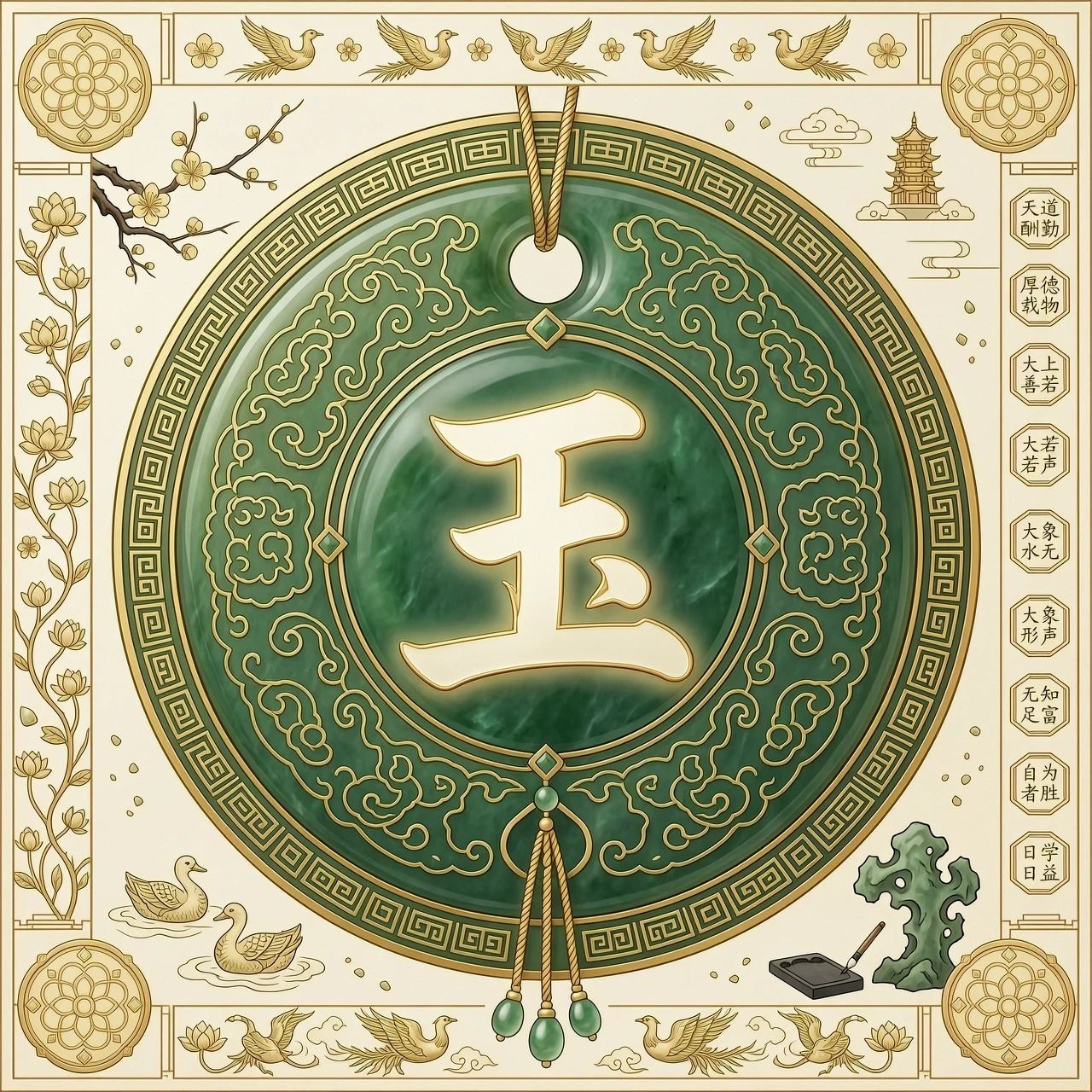 Design a video logo for a cultural project: the Chinese hieroglyph 玉 (yù) in the center, set against a background that resembles an ancient Chinese jade pendant. Use traditional…