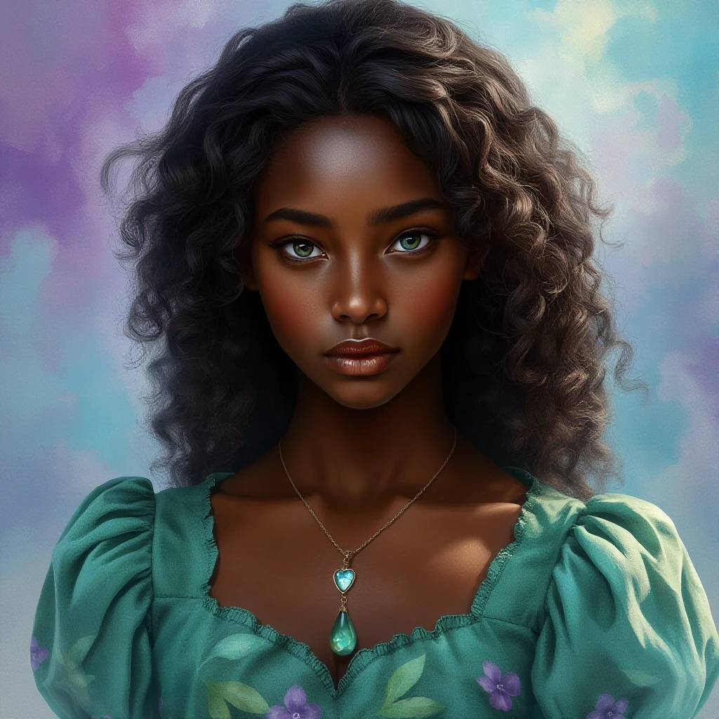 Photorealistic portrait. A young mulatto woman with luxurious, long, curly dark brown hair and delicate, realistic, dark skin. Blue eyes. A thin chain with a pendant around the…