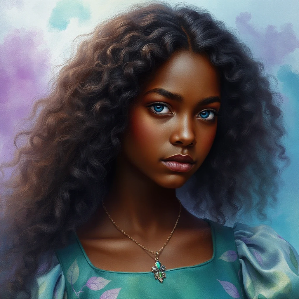 Photorealistic portrait. A young mulatto woman with luxurious, long, curly dark brown hair and delicate, realistic, dark skin. Blue eyes. A thin chain with a pendant around the…