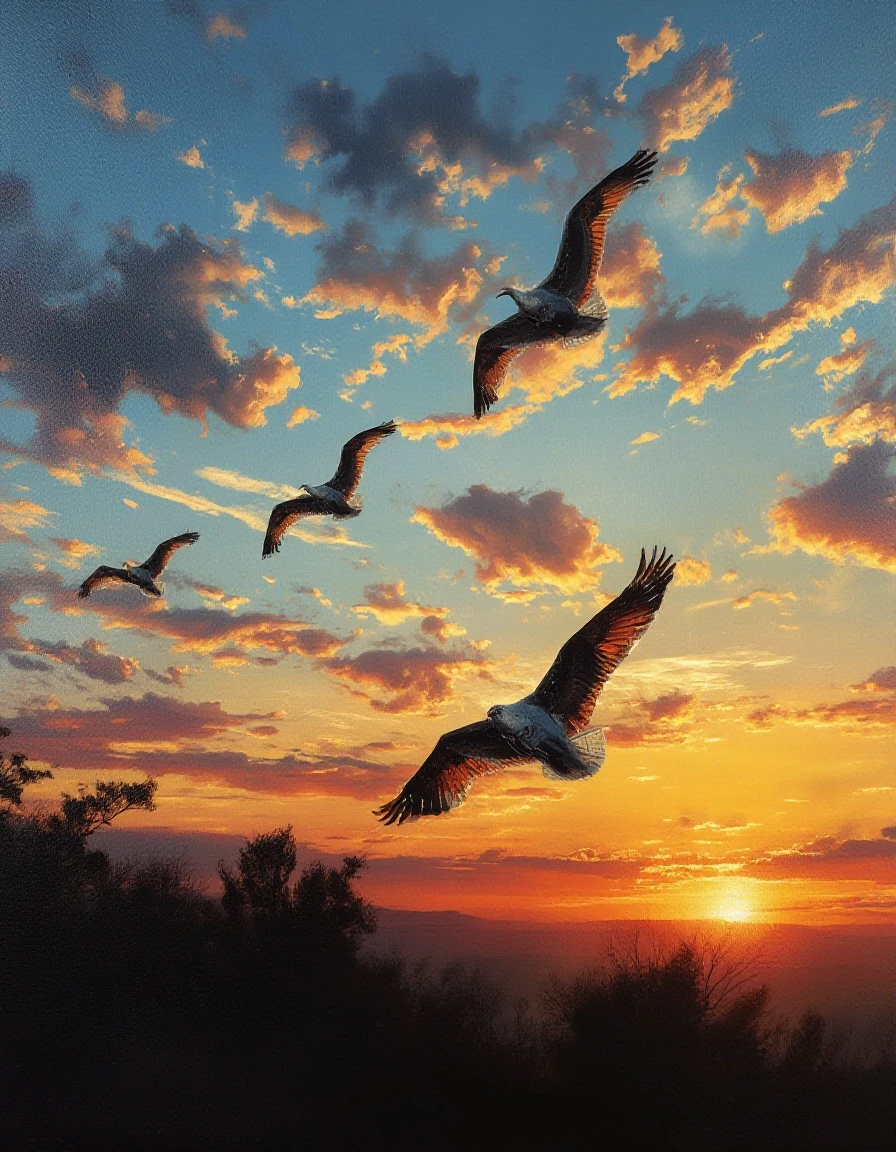A masterpiece. An oil painting. Cranes are flying across the sky at sunset. Increased attention to small details. Close-up. Danish angle. Octave filter. High resolution. 8K.…