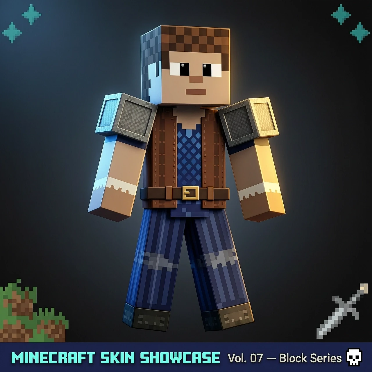 3D render of authentic Minecraft character skin, blocky square head, pixelated facial features, detailed 3D clothes, dramatic cinematic studio lighting, sharp focus,…