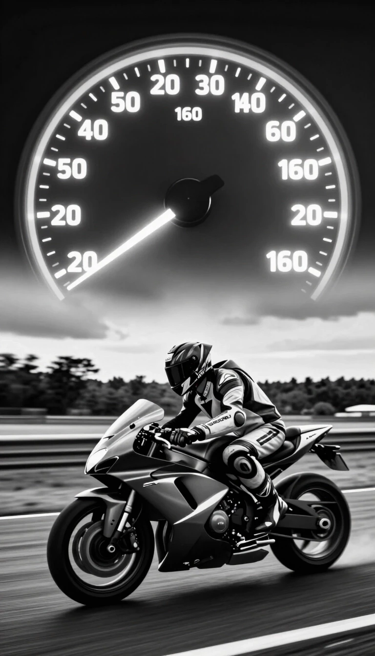 A dramatic, black and white, high-speed scene of a motorcycle rider on a track, with a large, glowing speedometer overlay in the upper portion of the image. The speedometer…