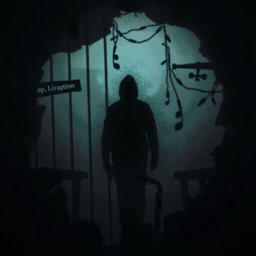 Album cover art for electronic track "Trapped" by artist MiSkam, genre: Illbient + Breakstep. Dark atmospheric mood, feeling of depersonalization and dissociation. A…