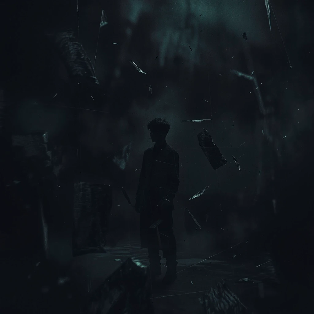 Album cover art for electronic track "Trapped" by artist MiSkam, genre: Illbient + Breakstep. Dark atmospheric mood, feeling of depersonalization and dissociation. A…