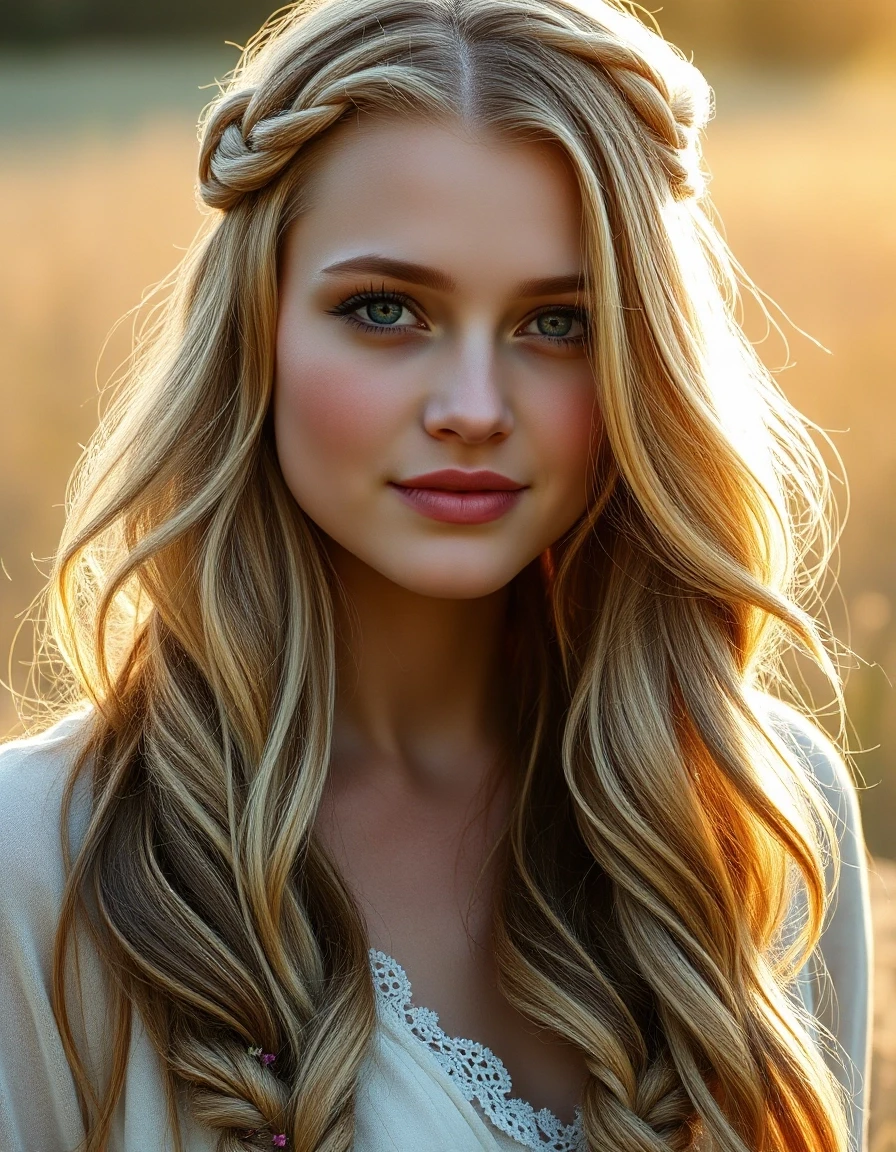 A realistic, high-resolution photo of a fair-skinned maiden with extremely long, shiny golden hair braided with delicate wildflowers. Bright, warm sunlight hits her hair, making…